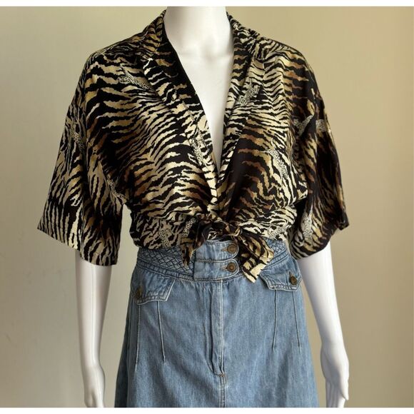 Vintage Animal Leopard Striped Button Up Short Sleeve Summer Top - Picture 1 of 7